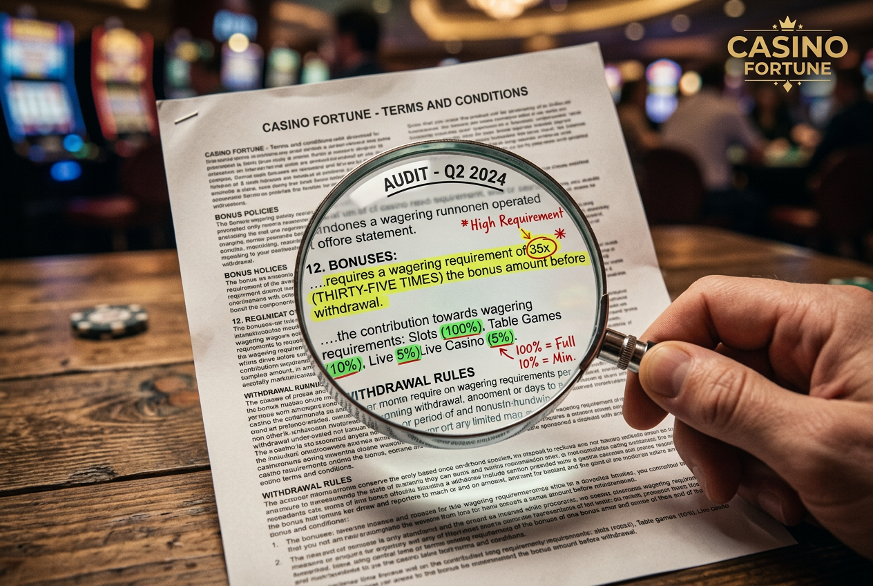 Magnifying glass over complex casino bonus terms and conditions documents
