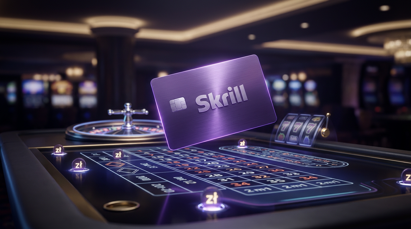 Karta Skrill i cyfrowe symbole kasynowe w nowoczesnym stylu