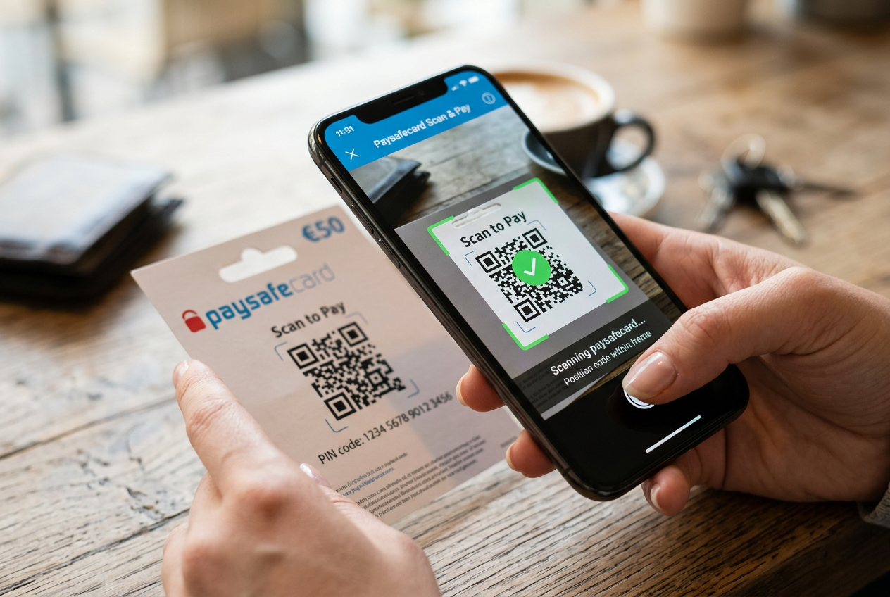 Osoba skanująca kod QR z kuponu Paysafecard za pomocą aplikacji mobilnej kasyna
